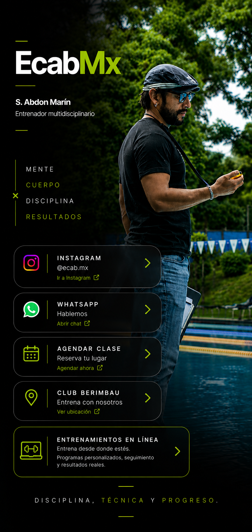 EcabMx - S. Abdon Marín, entrenador multidisciplinario, junto a la alberca de Club Berimbau con enlaces a Instagram, WhatsApp y agenda de clases